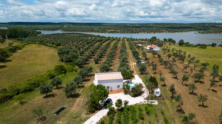 Vista aérea da casa MonteZinho, rodeada pelo olival e junto à albufeira